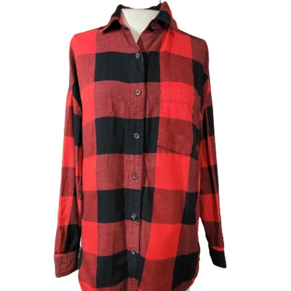 Red and Black Plaid Flannel Boyfriend Button Up Size Small - Picture 1 of 5